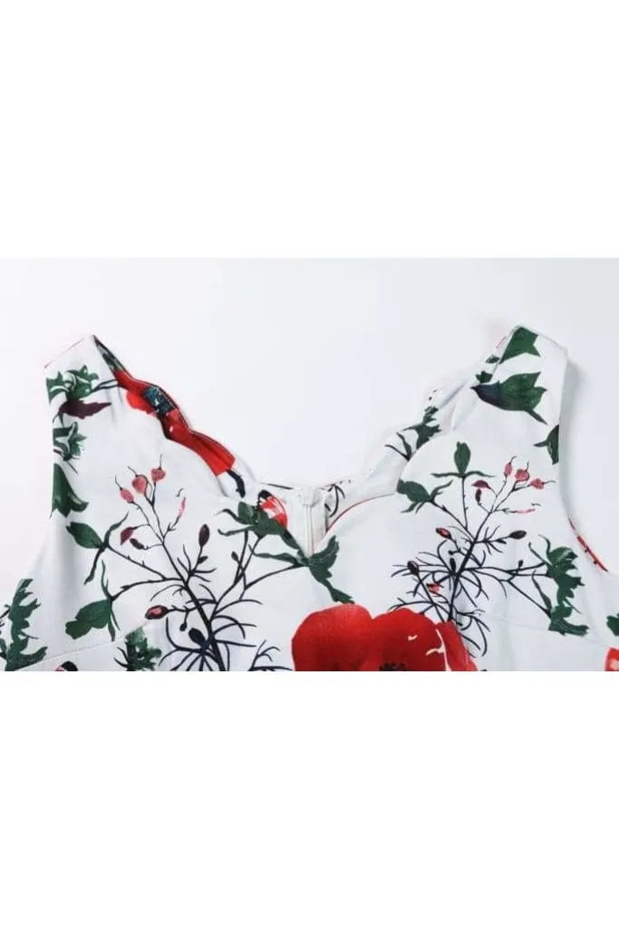 White with Gorgeous Red Peony and Butterfly Scallop Neckline A Line Dress