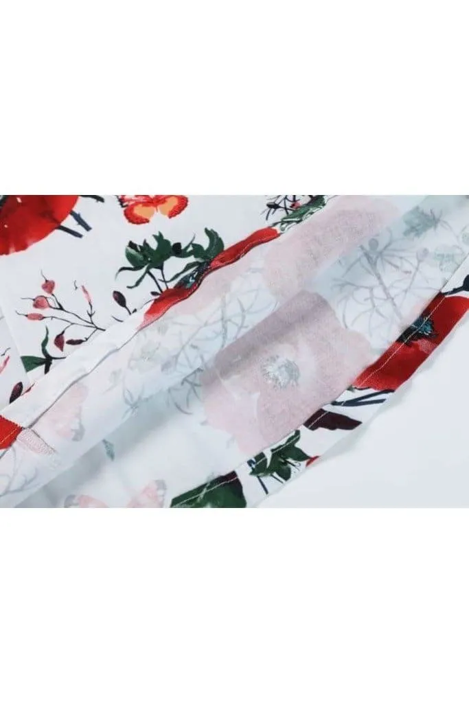 White with Gorgeous Red Peony and Butterfly Scallop Neckline A Line Dress