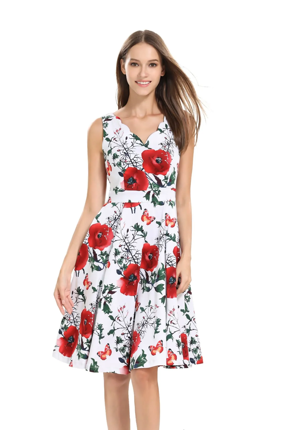 White with Gorgeous Red Peony and Butterfly Scallop Neckline A Line Dress