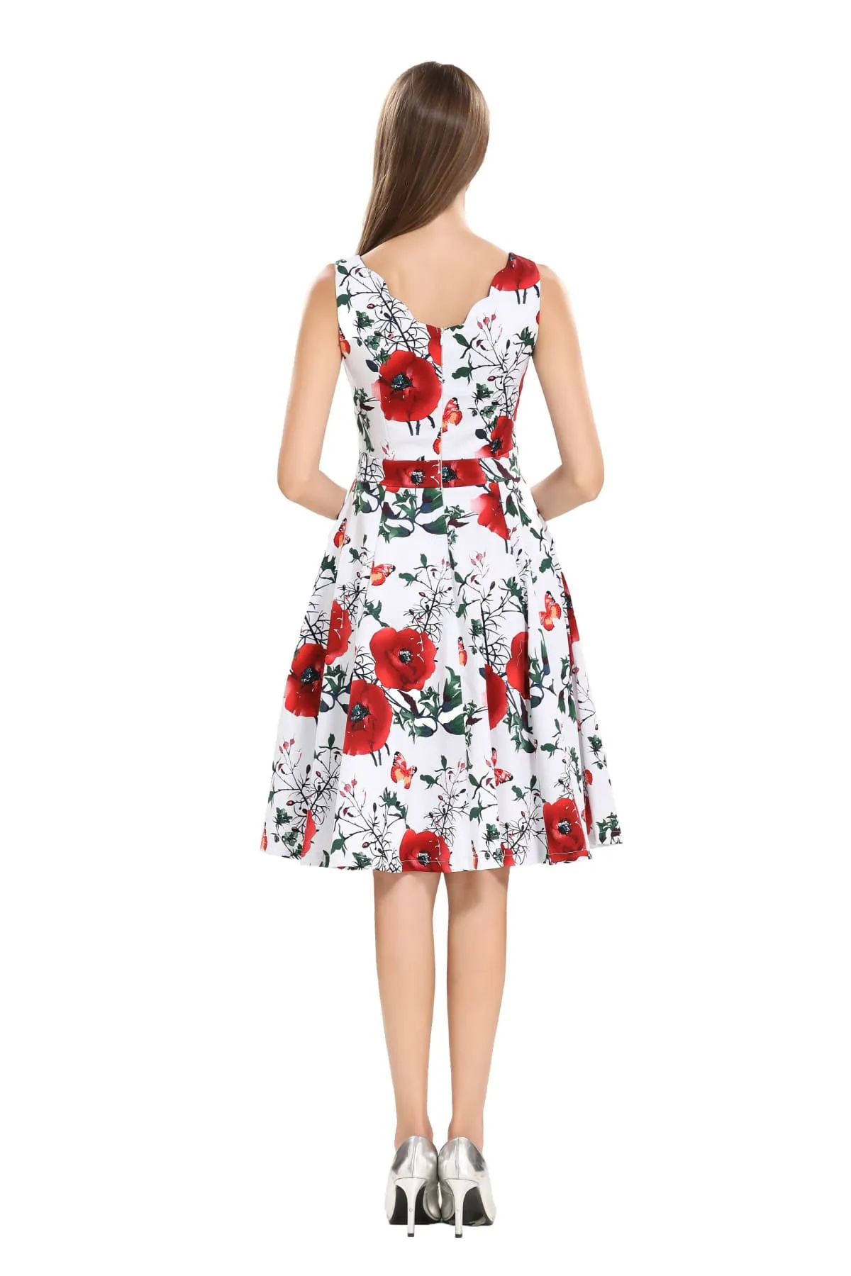 White with Gorgeous Red Peony and Butterfly Scallop Neckline A Line Dress