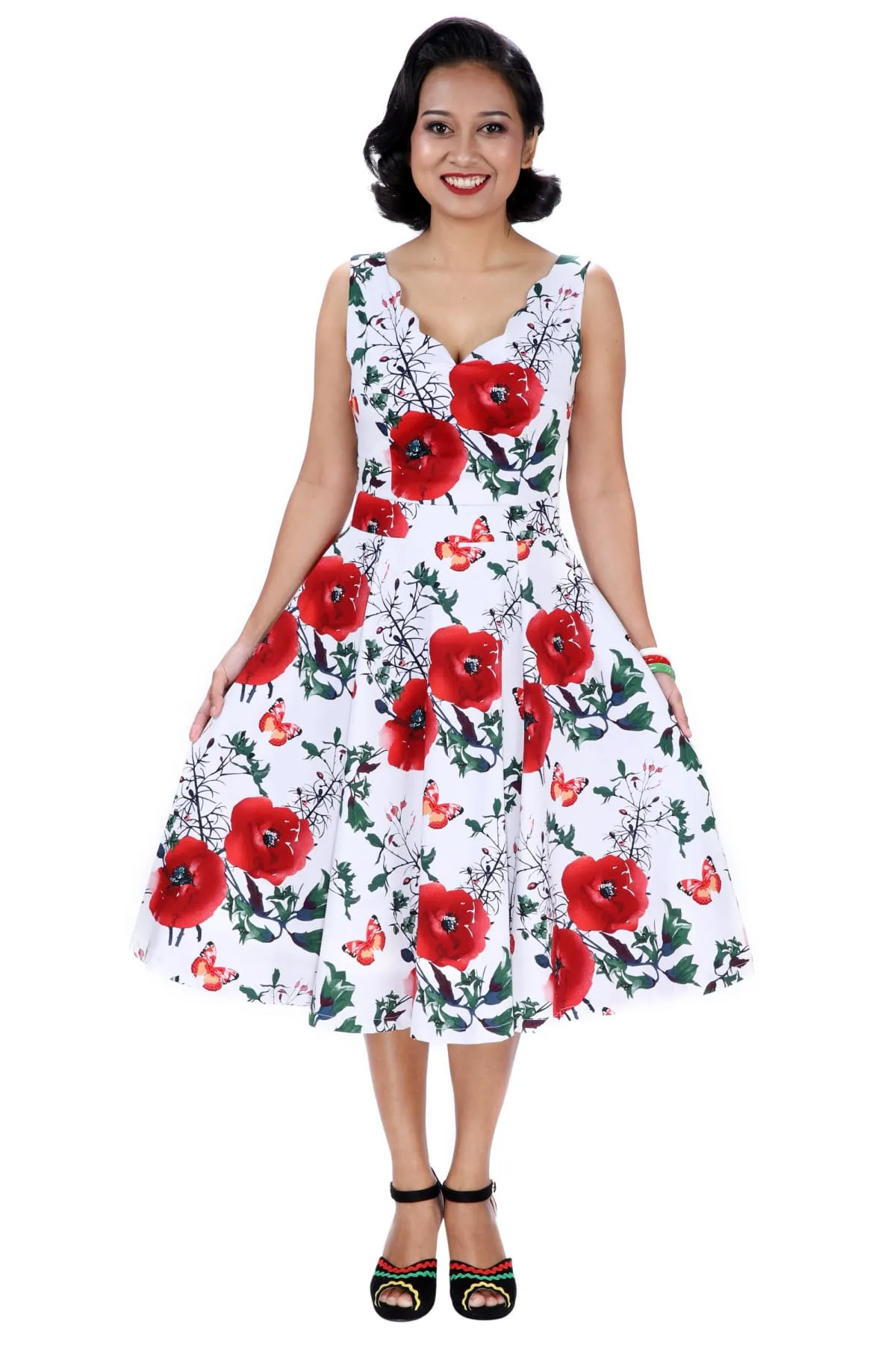 White with Gorgeous Red Peony and Butterfly Scallop Neckline A Line Dress