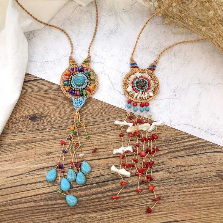 Wholesale Handmade Bohemian Vintage Natural Gravel Tassel Braided Necklace