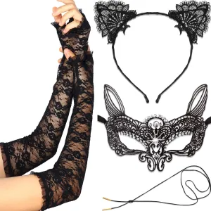 WILLBOND Halloween lace cat ear headband mask gloves choker necklace masquerade fingerless costume cosplay accessories set for woman