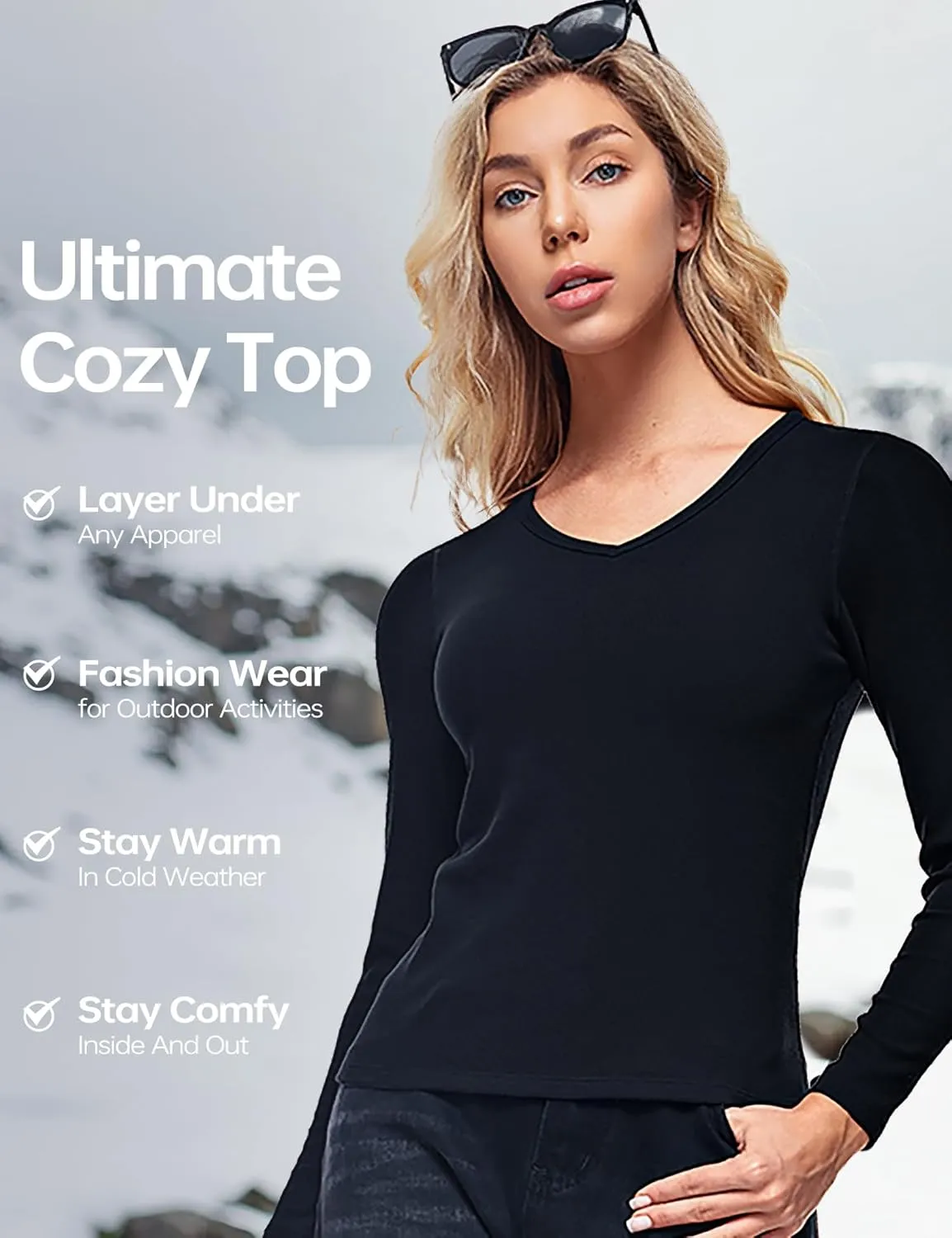 Wingslove Women's Long Sleeve Shirts Thermal Tops V Neck Built in Bra Cold Weather Fit Warm Base Layer Outfits