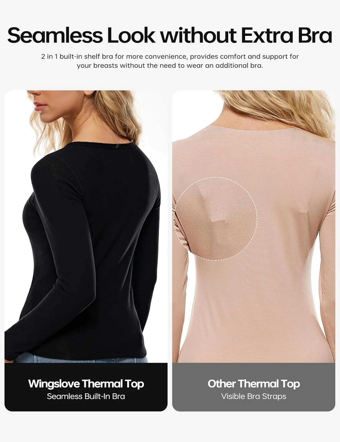 Wingslove Women's Long Sleeve Shirts Thermal Tops V Neck Built in Bra Cold Weather Fit Warm Base Layer Outfits