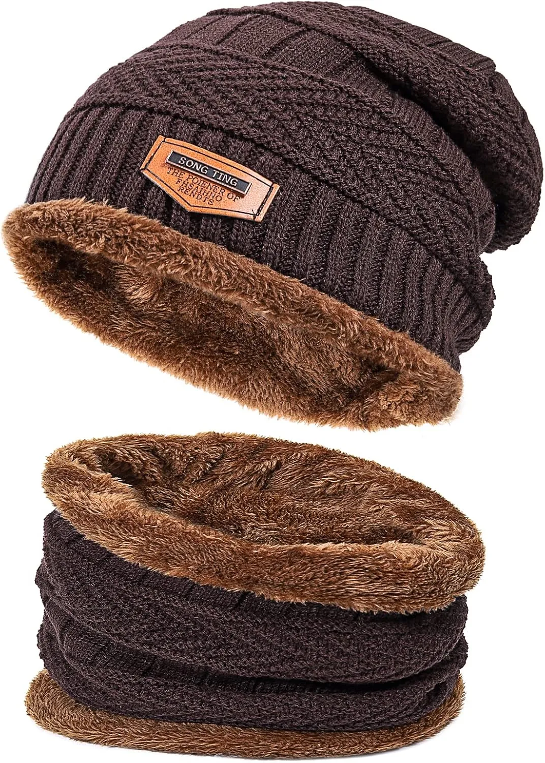 Winter Beanie Hat Scarf Set, Fleece Lined Warm Hat Neck Warmer, Thick Skull Cap Knit Beanie for Men Women