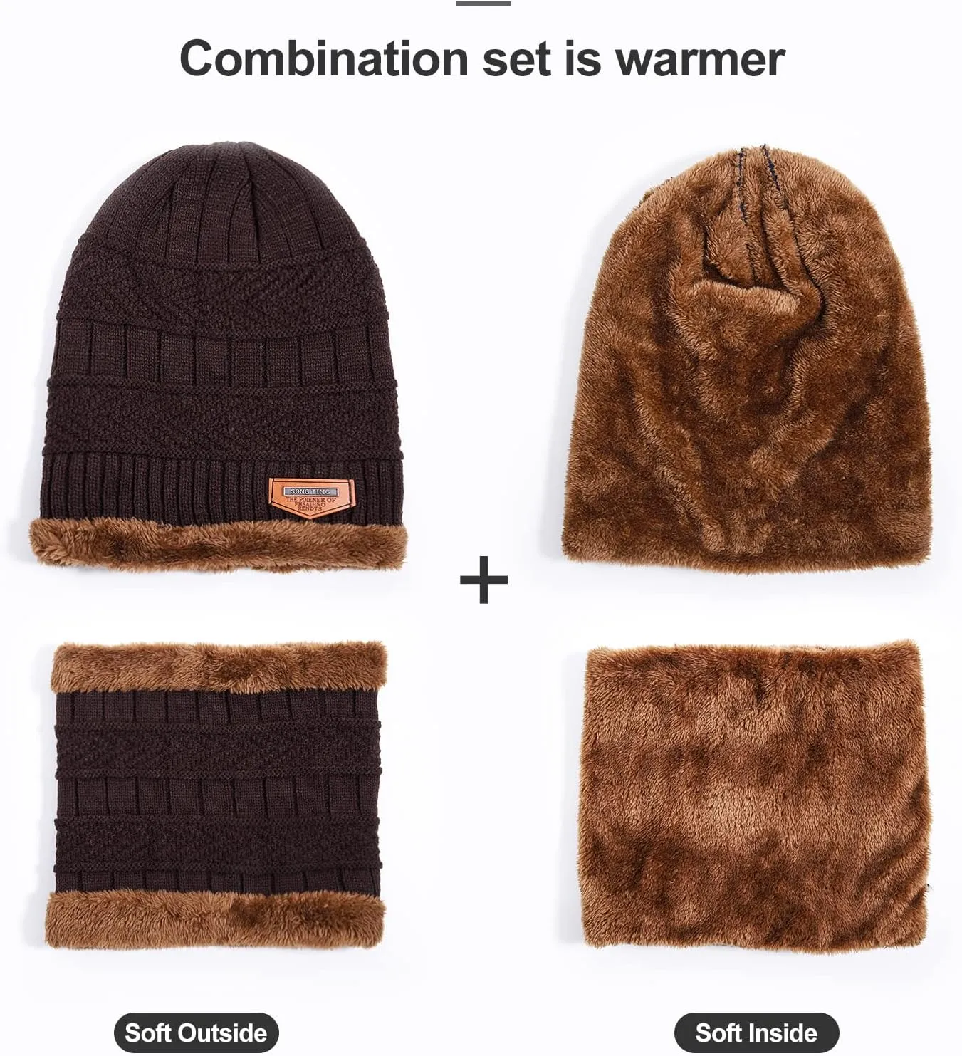 Winter Beanie Hat Scarf Set, Fleece Lined Warm Hat Neck Warmer, Thick Skull Cap Knit Beanie for Men Women