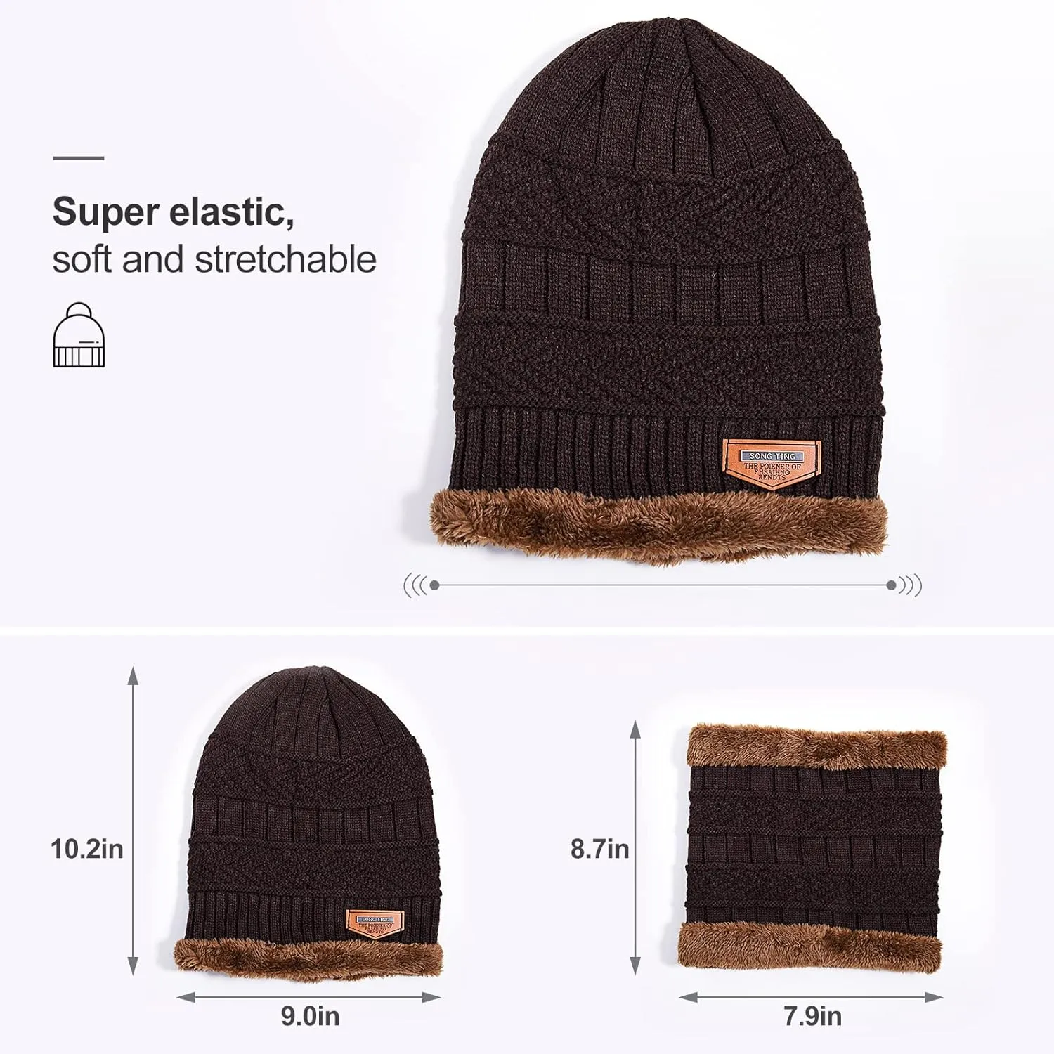 Winter Beanie Hat Scarf Set, Fleece Lined Warm Hat Neck Warmer, Thick Skull Cap Knit Beanie for Men Women