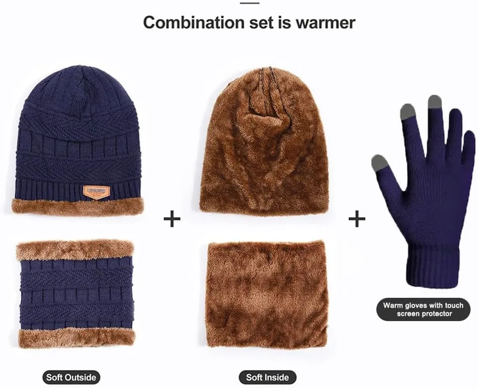 Winter Beanie Hat Scarf Set,Fleece Lined Warm Hat Neck Warmer,Thick Skull Cap Knit Beanie for Men Women