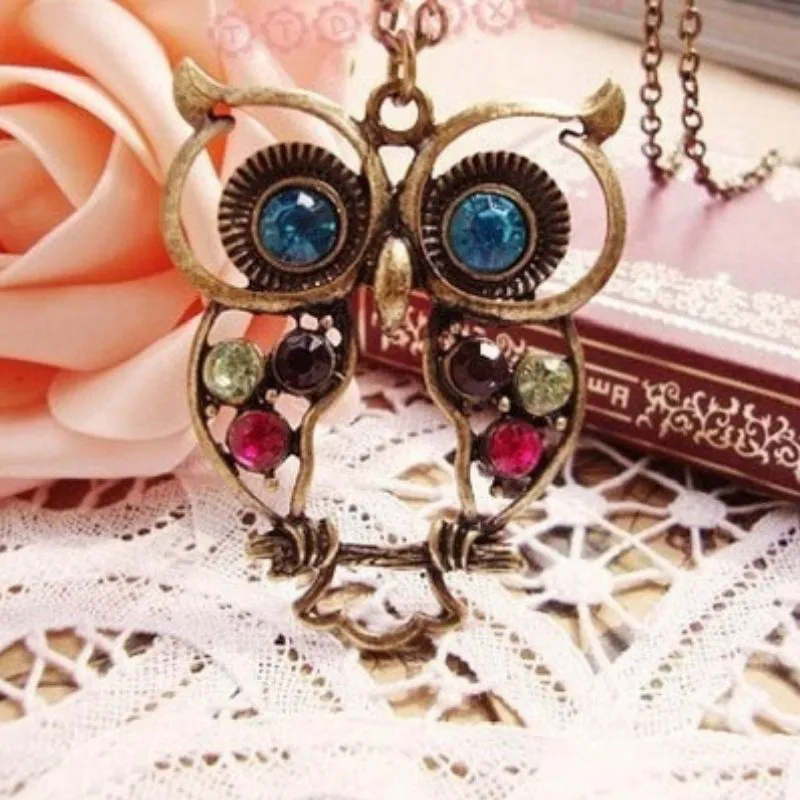 Wisdom Vintage Hollow Owl Rhinestone Studded Necklace