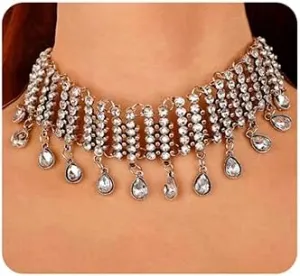 Wiwpar Vintage Boho Full Rhinestones Crystal Silver Choker Necklaces Chunky Choker Pendant Bib Necklace for Women