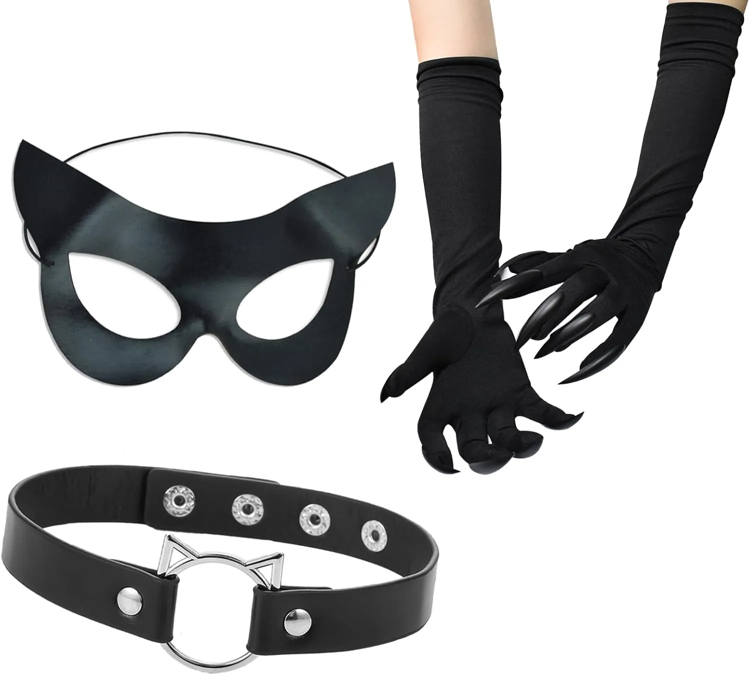 Woman Black Cat Mask and Gloves Halloween Costume Accessory Kit - Heart Choker Necklace, Claw Long Gloves, Masquerade Animal Cosplay Outfit