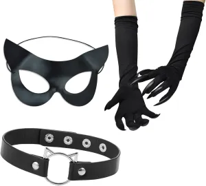 Woman Black Cat Mask and Gloves Halloween Costume Accessory Kit - Heart Choker Necklace, Claw Long Gloves, Masquerade Animal Cosplay Outfit