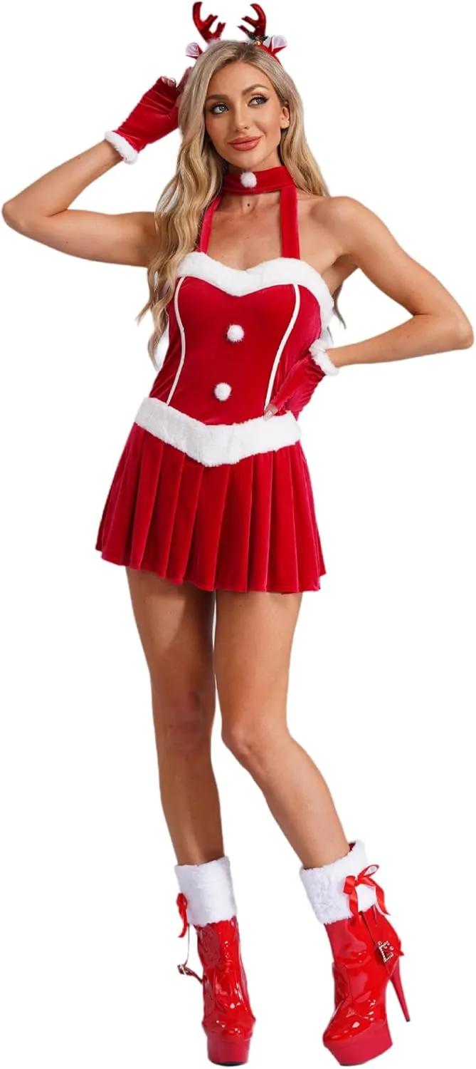 Womans Soft Velvet A-Line Dress with Choker Gloves and Headwear Christmas Holiday Mrs Santa Dress