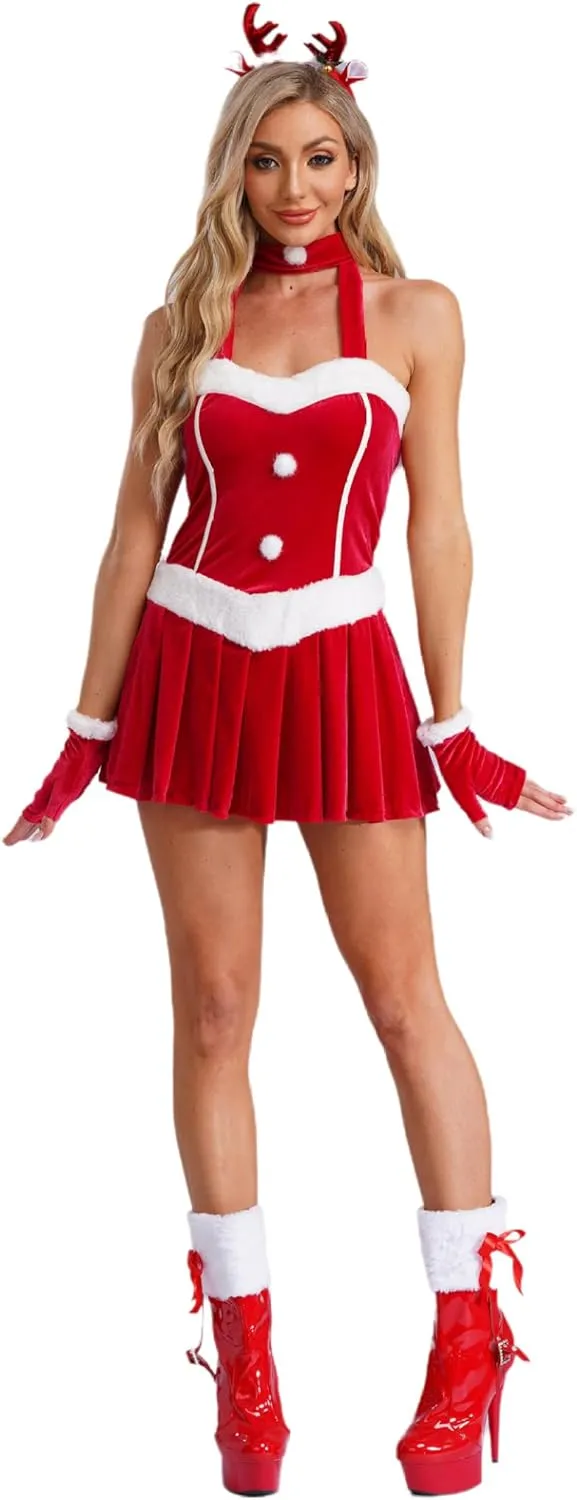 Womans Soft Velvet A-Line Dress with Choker Gloves and Headwear Christmas Holiday Mrs Santa Dress