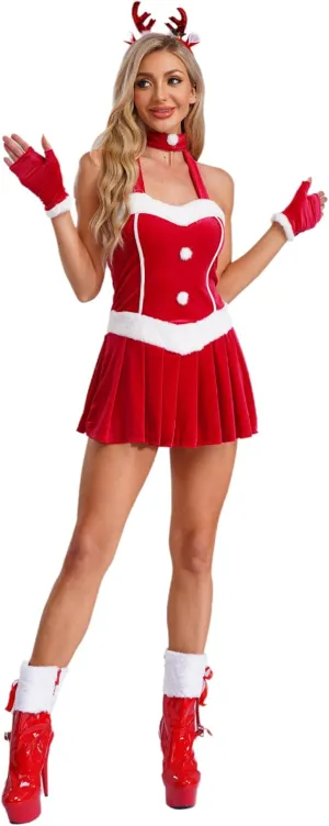 Womans Soft Velvet A-Line Dress with Choker Gloves and Headwear Christmas Holiday Mrs Santa Dress