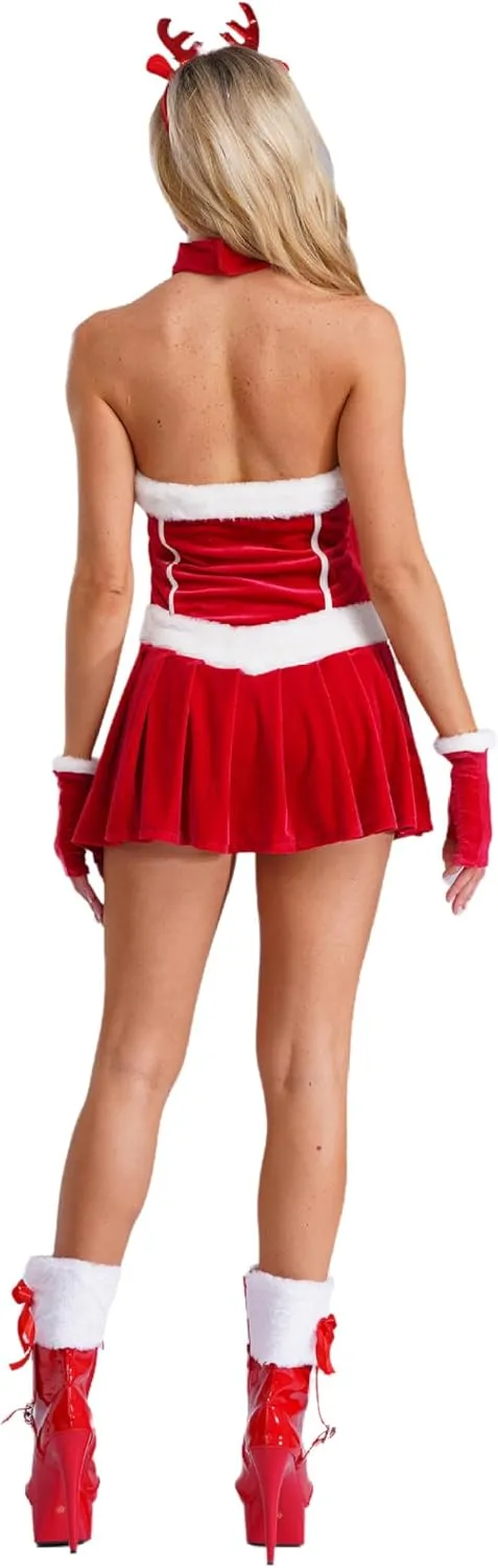 Womans Soft Velvet A-Line Dress with Choker Gloves and Headwear Christmas Holiday Mrs Santa Dress