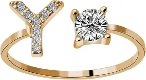 Women Crystal Statement Rings Open Adjustable Fashionable and Opening with Diamond 26 Letters Ring Ladies Jewelry Rings -Girl Y-2K Wedding Band Fingerings (Y, One Size)