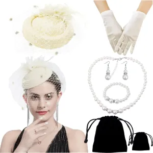 Women Fascinator Hat Flower Feather Mesh Face Veil Hair Clip Pillbox Hats with Pearl Accessories Set and Short Satin Gloves