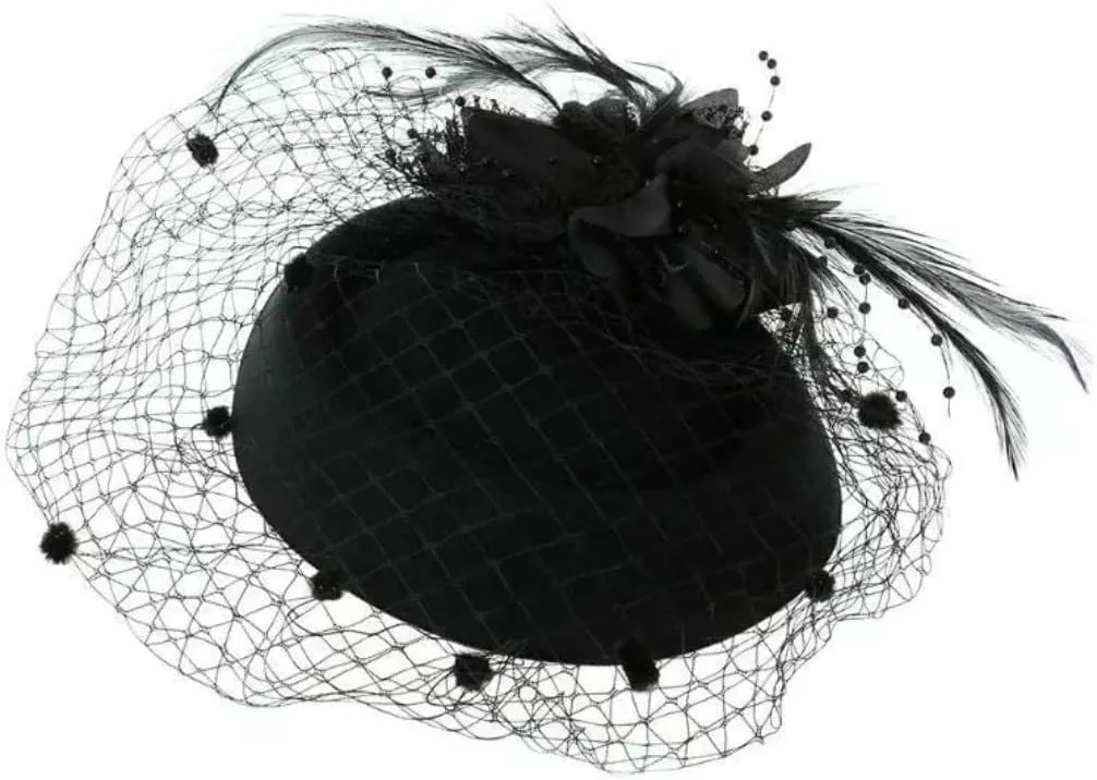 Women Fascinator Hat Flower Feather Mesh Face Veil Hair Clip Pillbox Hats with Pearl Accessories Set and Short Satin Gloves