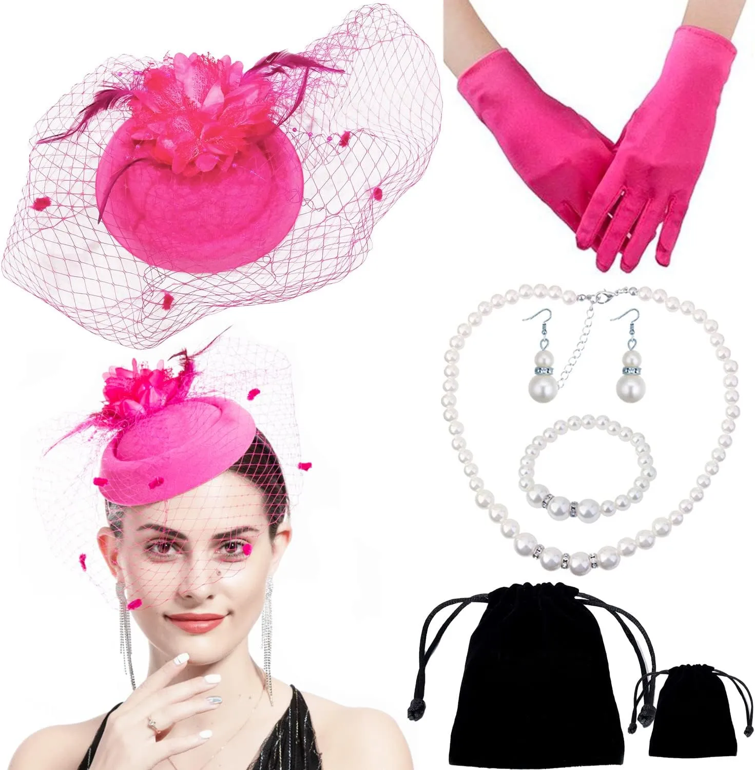 Women Fascinator Hat Flower Feather Mesh Face Veil Hair Clip Pillbox Hats with Pearl Accessories Set and Short Satin Gloves