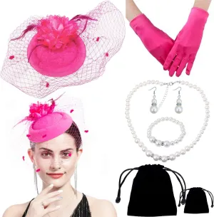 Women Fascinator Hat Flower Feather Mesh Face Veil Hair Clip Pillbox Hats with Pearl Accessories Set and Short Satin Gloves