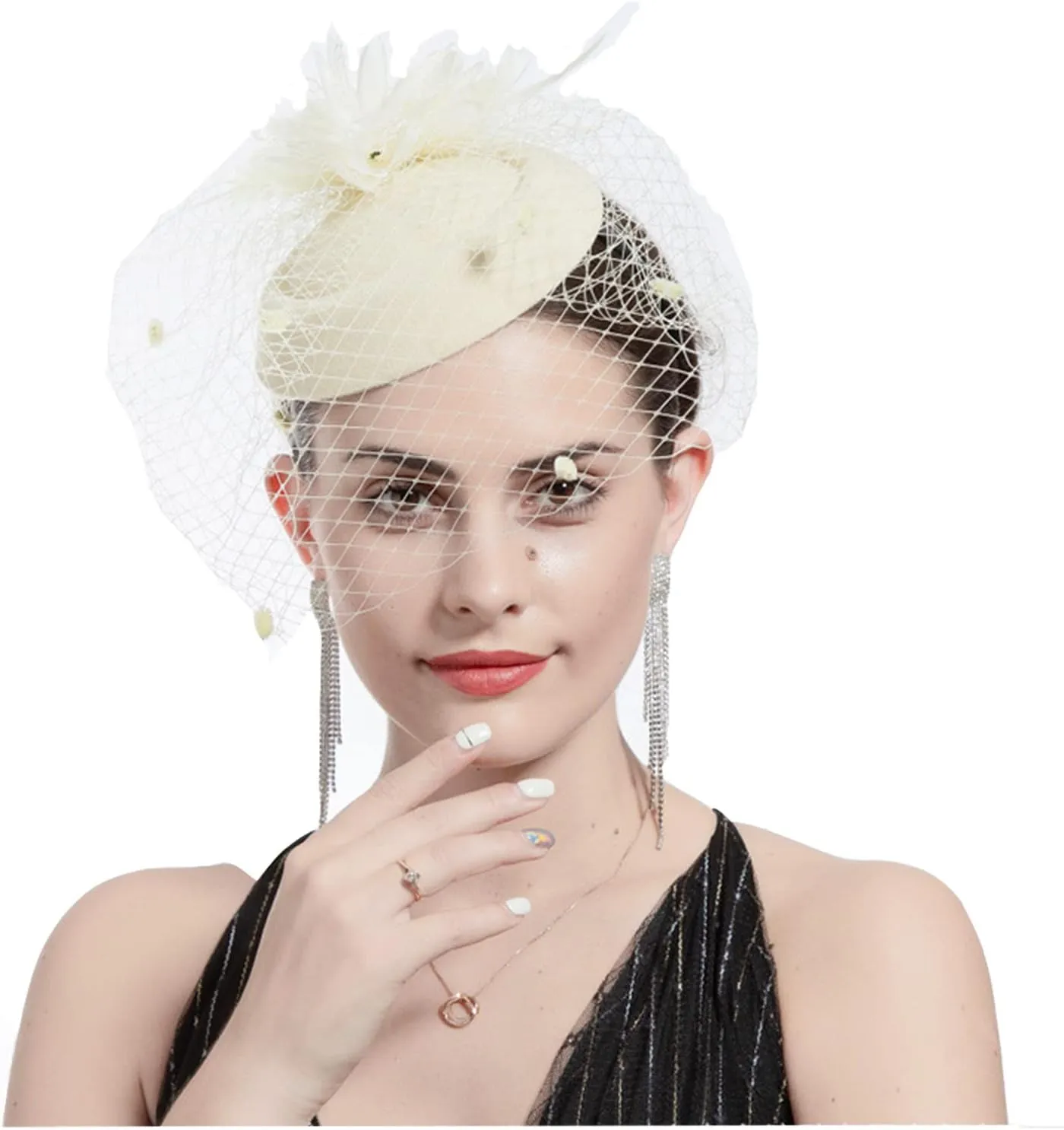 Women Fascinator Hat Flower Feather Mesh Face Veil Hair Clip Pillbox Hats with Pearl Accessories Set and Short Satin Gloves