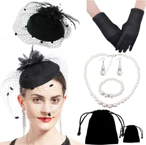 Women Fascinator Hat Flower Feather Mesh Face Veil Hair Clip Pillbox Hats with Pearl Accessories Set and Short Satin Gloves