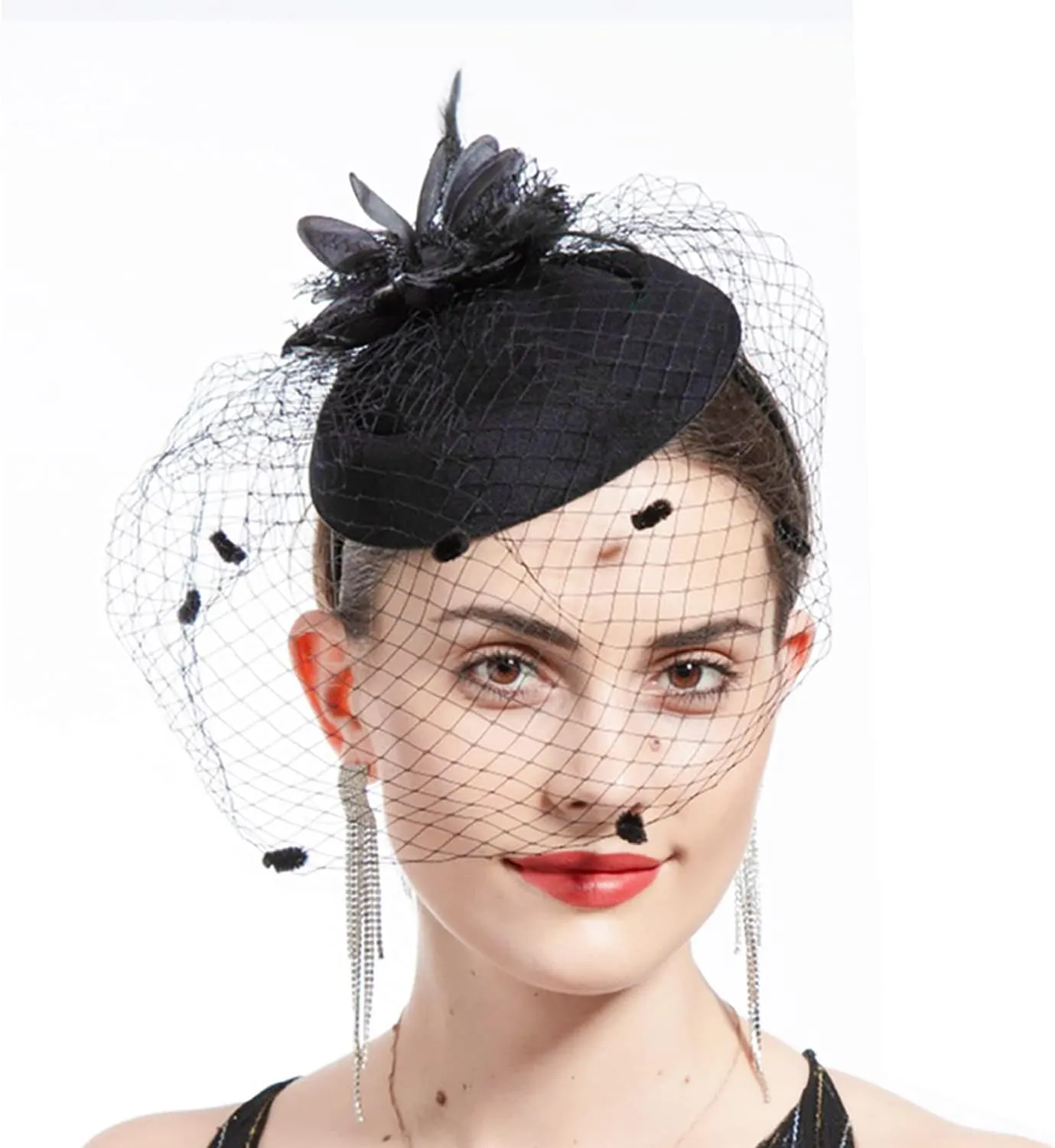 Women Fascinator Hat Flower Feather Mesh Face Veil Hair Clip Pillbox Hats with Pearl Accessories Set and Short Satin Gloves