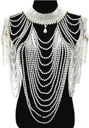 Women Faux Pearl Body Statement Necklace Beaded Jewelry Shoulder Chain