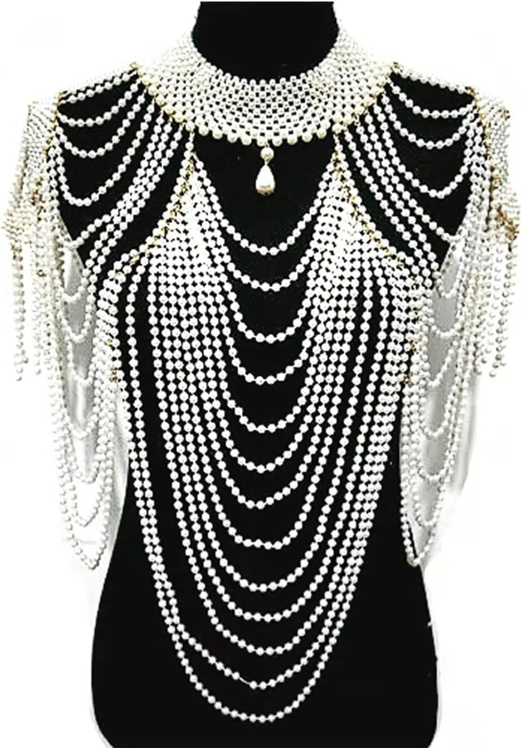 Women Faux Pearl Body Statement Necklace Beaded Jewelry Shoulder Chain