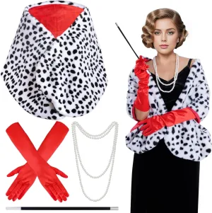 Women Halloween Dalmatian Costume, Dalmatian Shawl Scarf Stole, 1920s Red Glove, Faux Pearls Necklace for Halloween Costumes Woman 2024