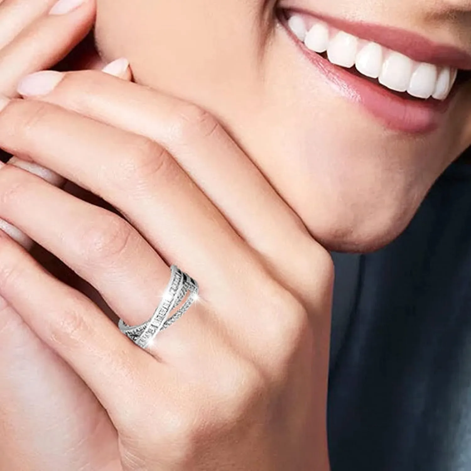 Women Promise Ring- Men Promise Band Crossing Rhinestone Ring Adjustable Open Ring for Women Diamond Wedding Ring Engagement Rings Wedding- Girl Mom Jewelry Gifts (Silver, One Size)