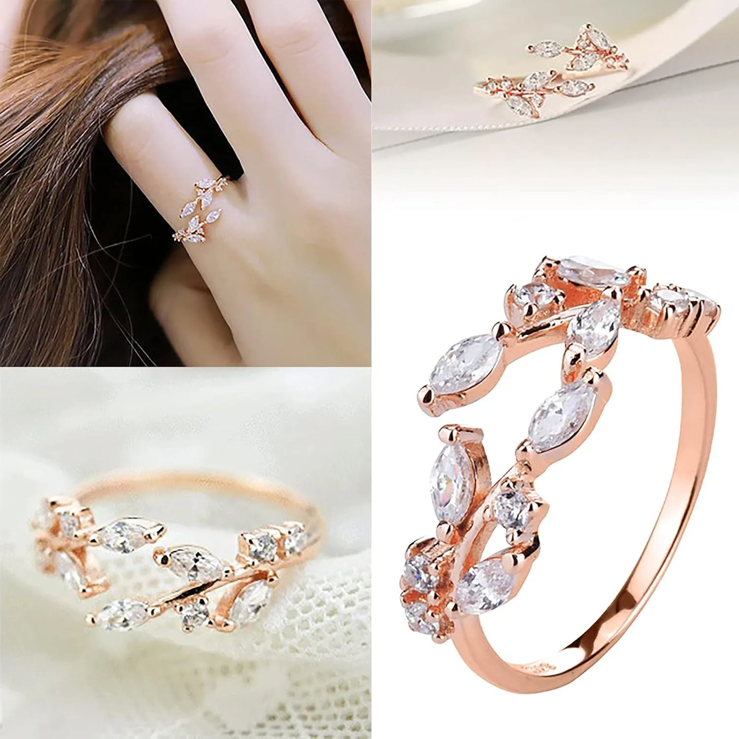 Women Rings Wedding Bands - Promise Rings Stackable Adjustable Rings Leaf Rings Open Rings Rings Ring Silver Leaf Rings Stacking Fingerings for Teen Girls (Rose Gold, One Size)