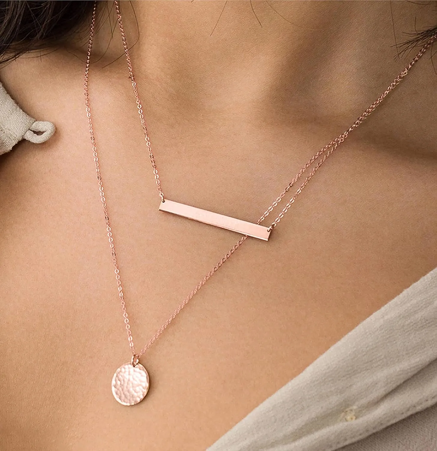 Women Simple Bar Pendant Necklace Dainty 18K Gold Necklace Rose Gold Plated Simple Design Solid Circle, Heart Choker Chain Silver Necklaces for Women