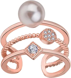 Women Wedding Party Jewelry- Men Promise Ring Ring Adjustable Tail Double-Layer Opening Finger Pearl Fashion Female Geometric Ring Index Rings Aesthetic Punk Y-2K Girl Women Mom (Rose Gold, One Size)