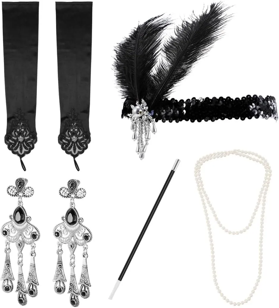 Women'S 1920S Vintage Glamour Accessories, Roaring Twenties Complete Set, Includes Flapper Feather Headpiece, Faux Pearl Necklace, Satin Gloves, Earrings, And Cigarette Holder