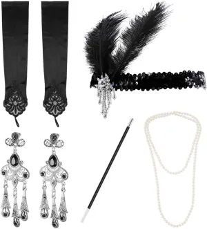 Women'S Accessories Set For 1920S, Vintage Great Accessories, Includes Pearl Necklace, Satin Gloves, Flapper Headwear, Earrings, Cigarette Holder, Roaring Twenties Deco Set