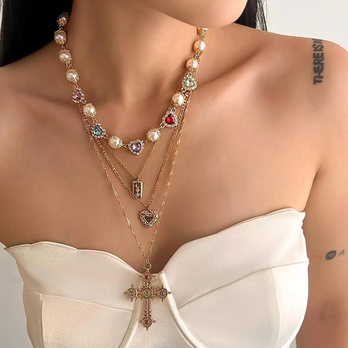 Women's Cross Necklace Set Exquisite Zircon Love Pearl Necklace Stackable Layered Paper Clip Chain Necklace Cross Pendant Jewelry Accessories