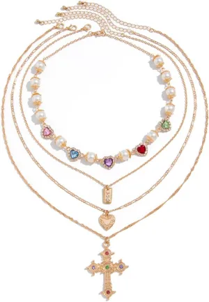 Women's Cross Necklace Set Exquisite Zircon Love Pearl Necklace Stackable Layered Paper Clip Chain Necklace Cross Pendant Jewelry Accessories