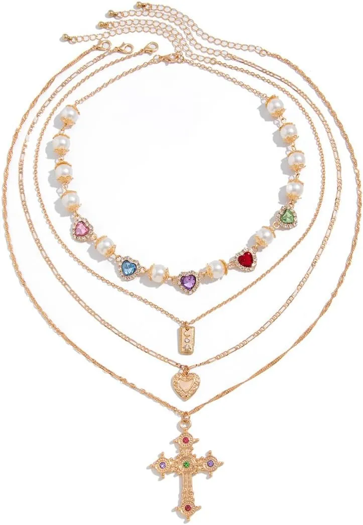 Women's Cross Necklace Set Exquisite Zircon Love Pearl Necklace Stackable Layered Paper Clip Chain Necklace Cross Pendant Jewelry Accessories