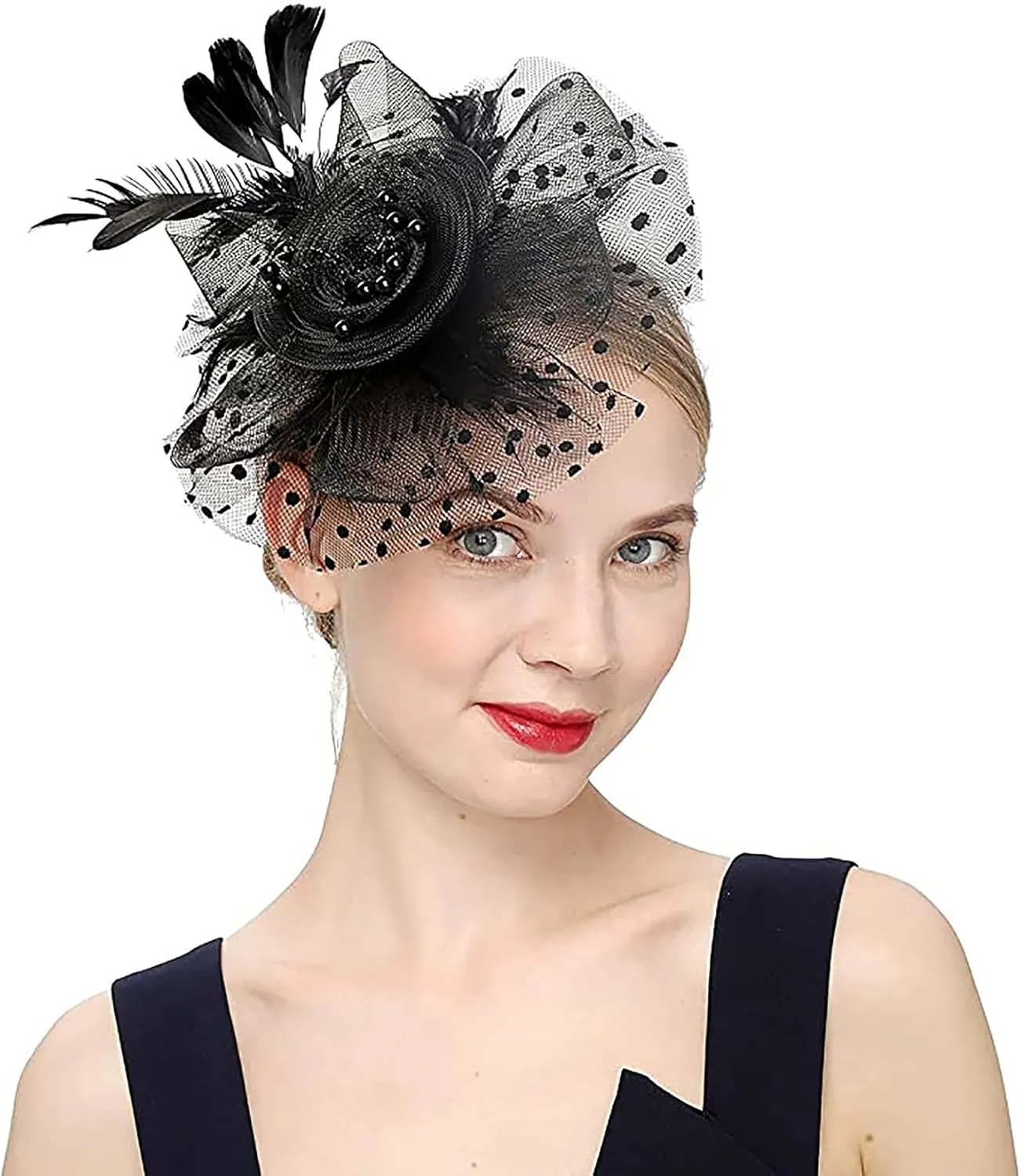 Women's Fascinator and Lace Glove Set Wedding Tea Party Derby Mesh Flower Feather Fascinators with Headband and Clip