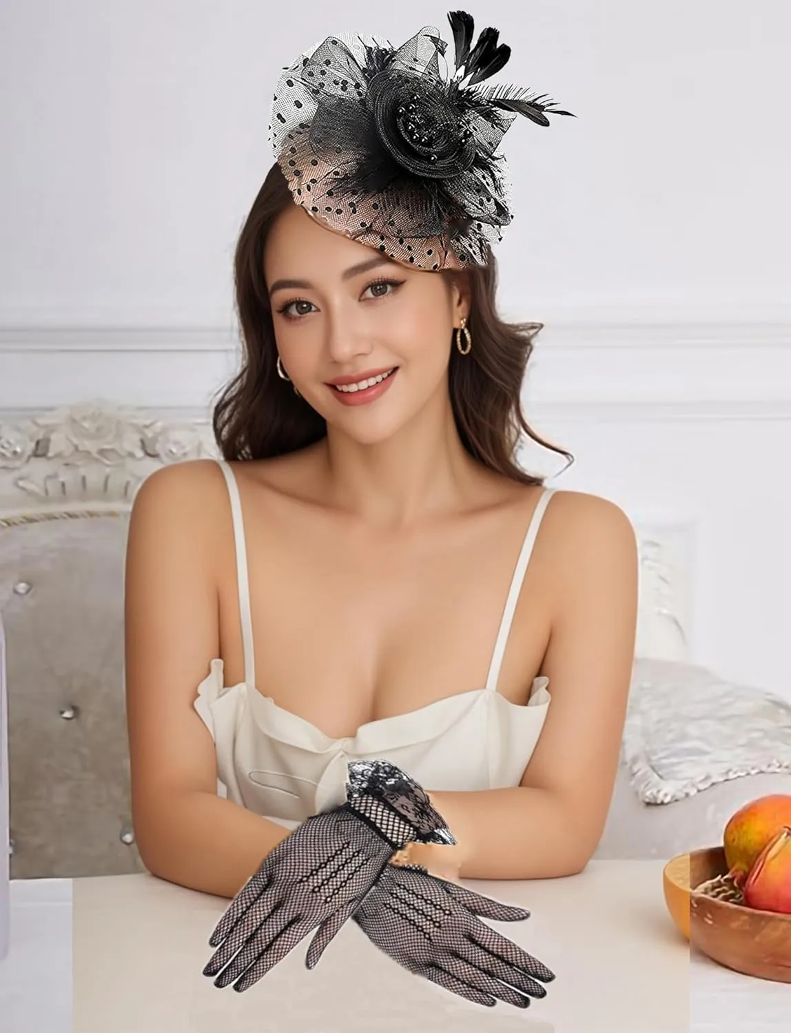Women's Fascinator and Lace Glove Set Wedding Tea Party Derby Mesh Flower Feather Fascinators with Headband and Clip