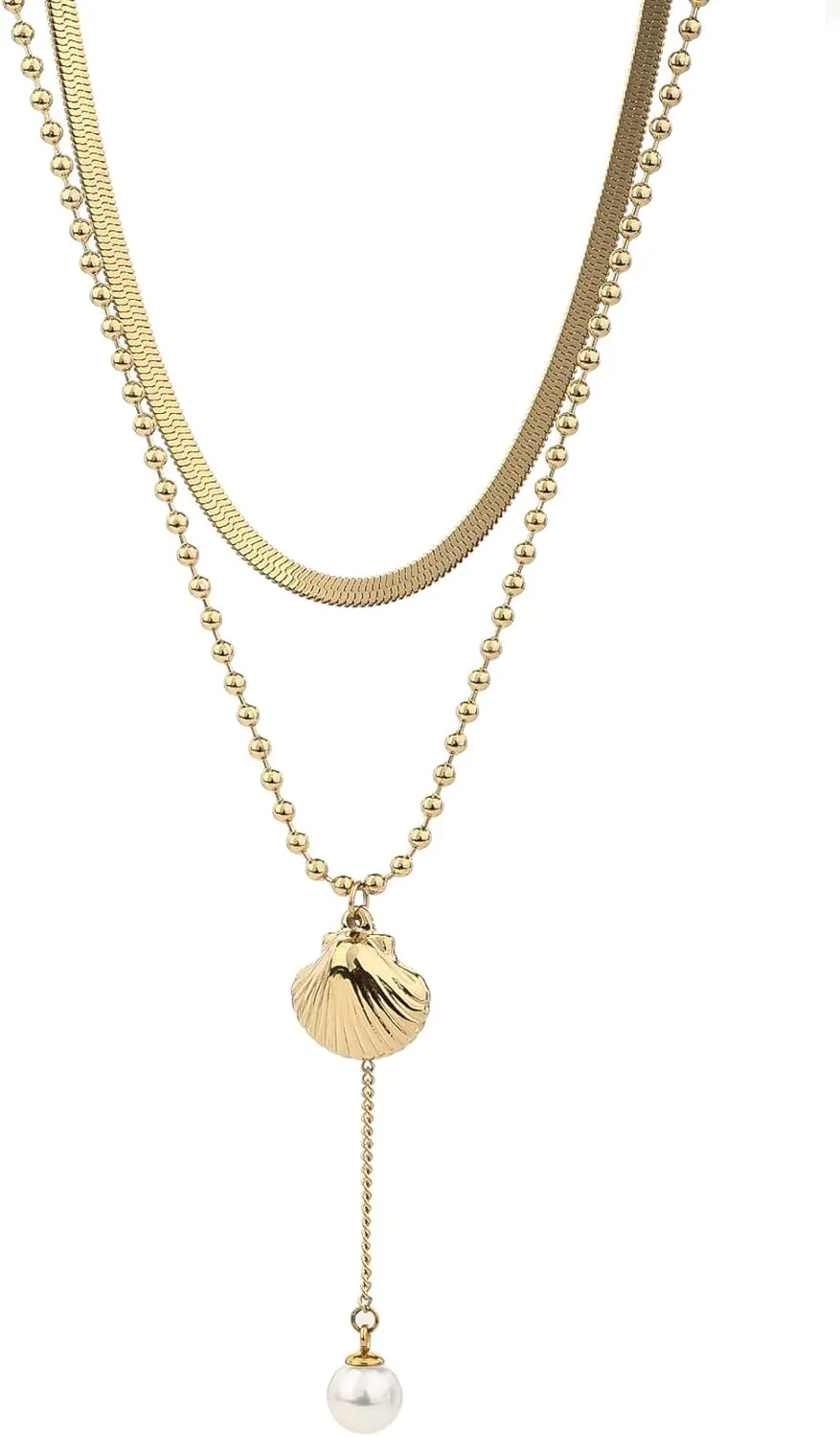 Women's Non-Tarnish Layered Necklace Set with Single Pearl, Shell and Snake Chain