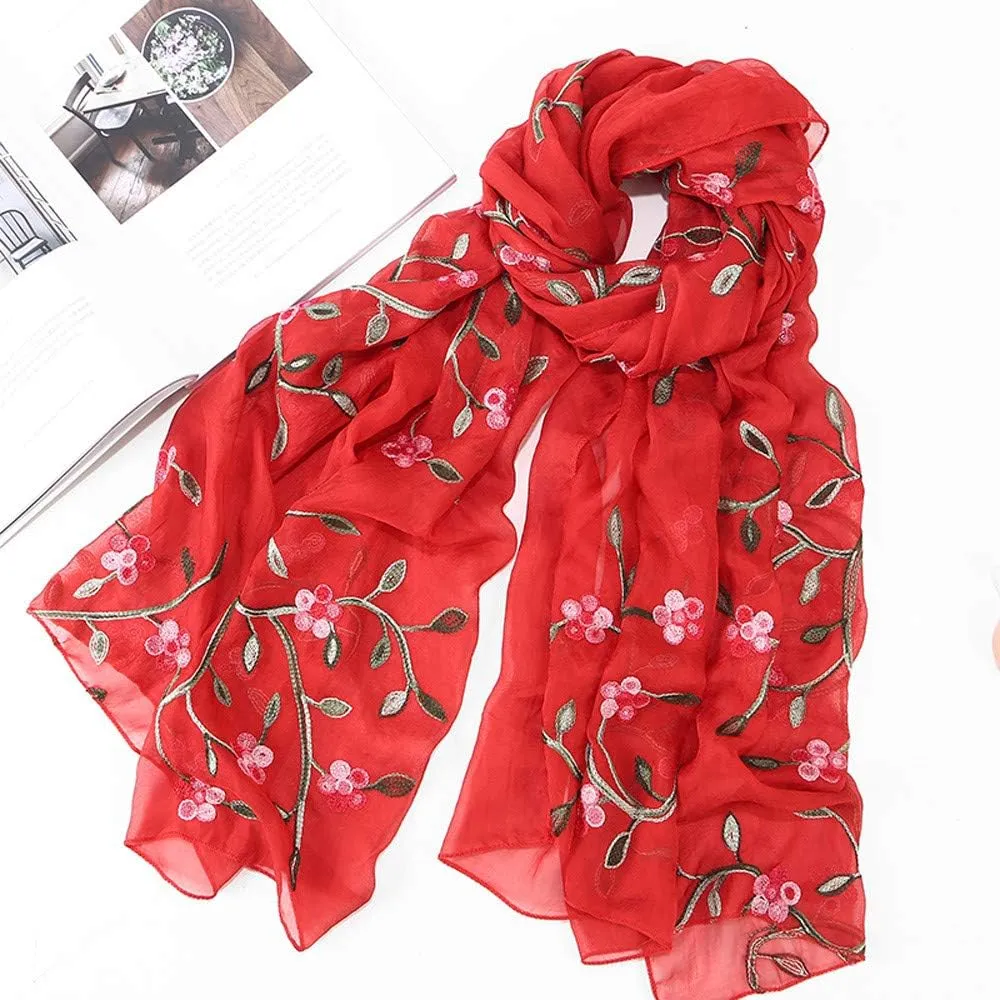 Women's Scarves & Wraps Silk Long Scarf for Women Headband Hijabs Muslim Scarf Embroidery Hijab Shawls (Red, One Size)