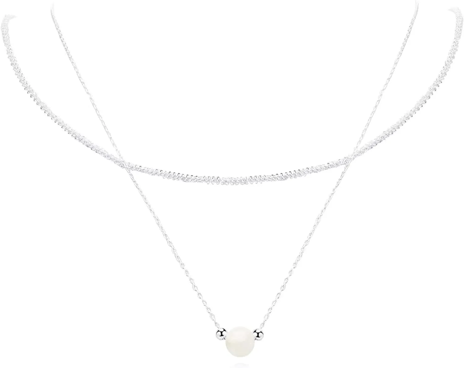 WomenS Silver Double Layer Necklace With Adjustable Freshwater Pearl Pendant