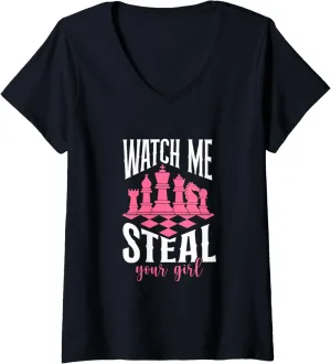 Womens Watch Me Steal Your Girl Chess Funny Chess V-Neck T-Shirt