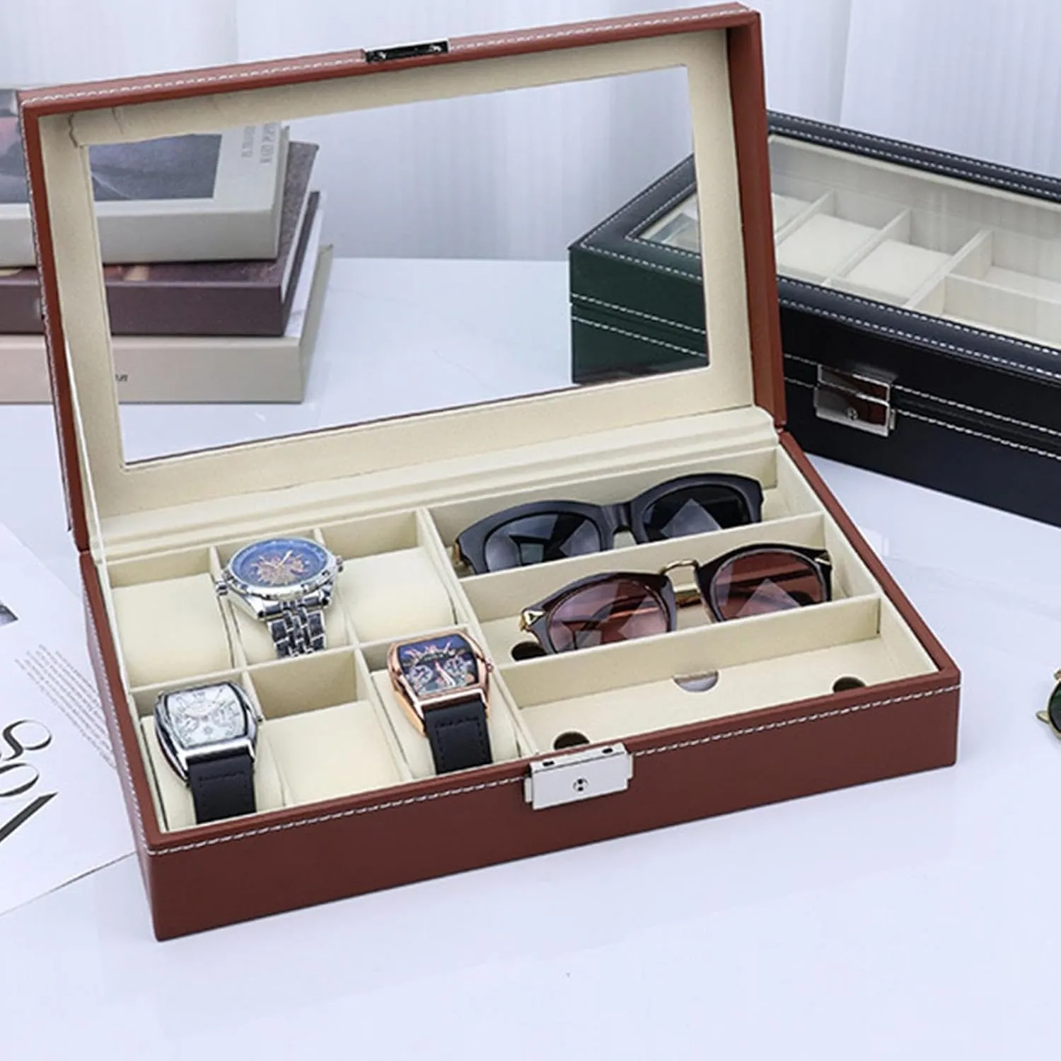 Wooden Watch Box, Leather Watch Display, Clear Top Watch Boxes, Watches Display Case 12.99 x 7.87 x 2.36 for 6 Watches 3