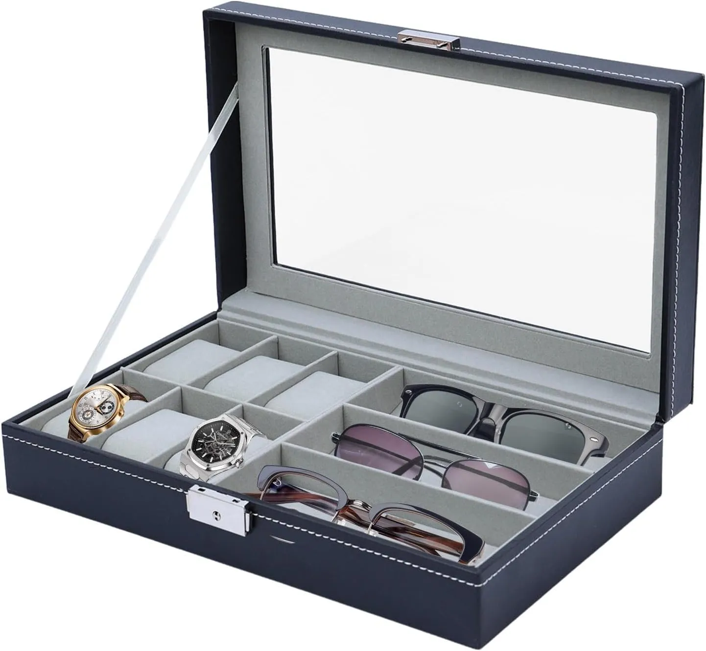 Wooden Watch Box, Leather Watch Display, Clear Top Watch Boxes, Watches Display Case 12.99 x 7.87 x 2.36 for 6 Watches 3