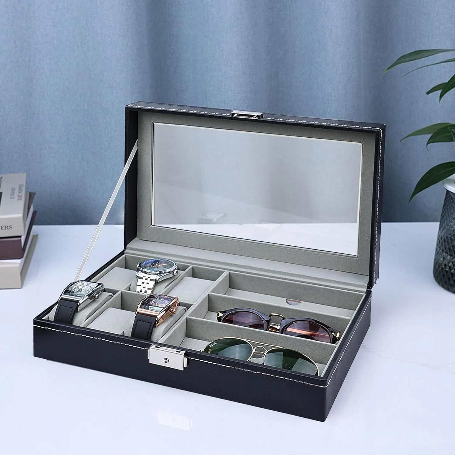 Wooden Watch Box, Leather Watch Display, Clear Top Watch Boxes, Watches Display Case 12.99 x 7.87 x 2.36 for 6 Watches 3